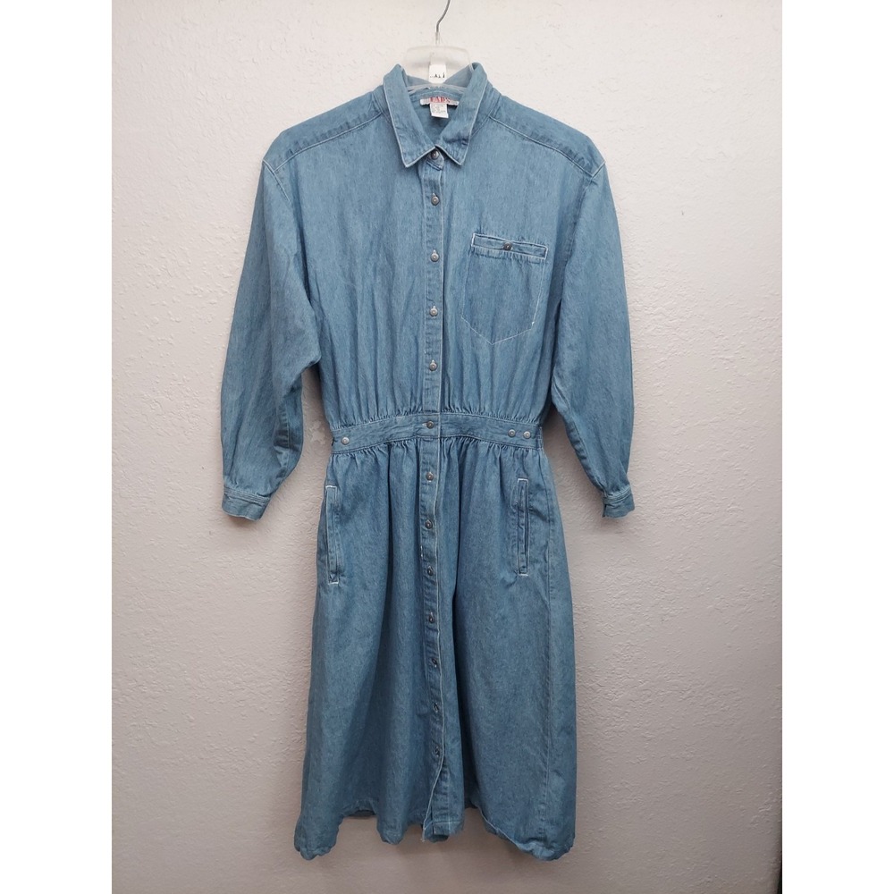 Vtg FADS Denim Dress Womens XL Blue Shirt Long Sleeve Pockets Midi Button Up